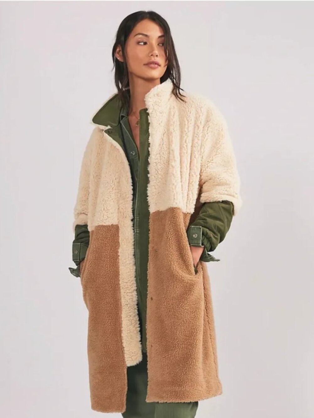 Anthropologie Sherpa Color Block Long Coat 🤍🤎 | Size 4 | EUC